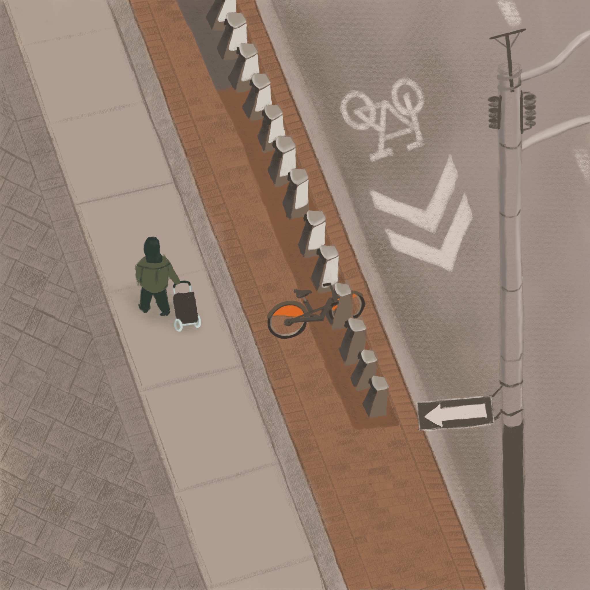 Street with a bicycle, buildings, and a crosswalk