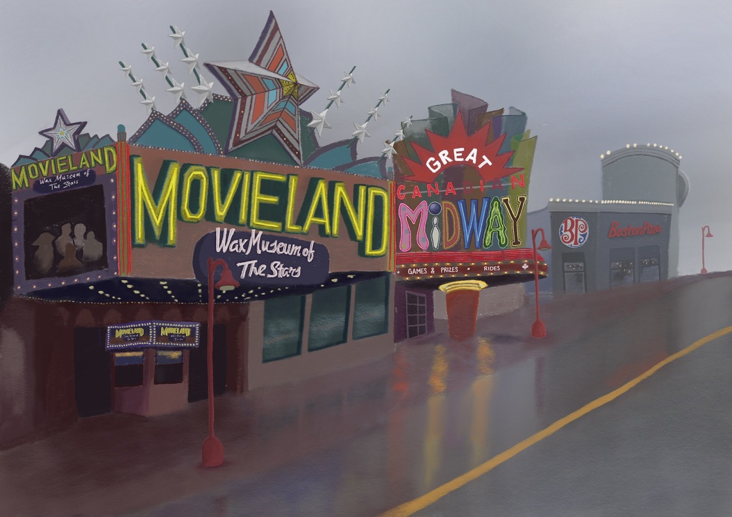 Movieland Midway building with neon signs on a rainy street